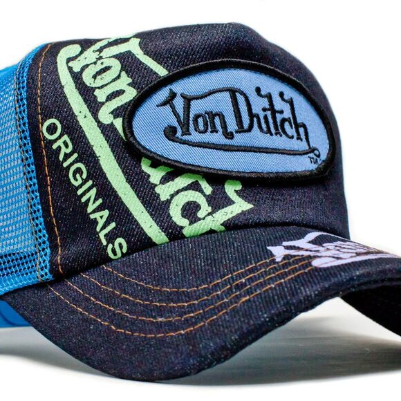 Von Dutch Women\'s Denim Logo Trucker Cap in Navy and Light Blue
